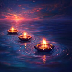 Wall Mural - Surreal Diwali background with glowing diyas casting reflections on a mystical sea.