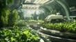 © nimaxs - A futuristic farm with machinery operating in a smart greenhouse. The sleek technology contrasts with the natural plants, leaving copy space above the scene