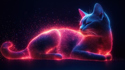Wall Mural - a stylized digital rendering of a cat with glowing neon lights, in a dark background.
