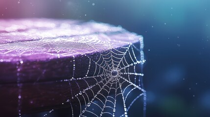 Dewy Spiderweb on Wooden Surface with Purple and Blue Background