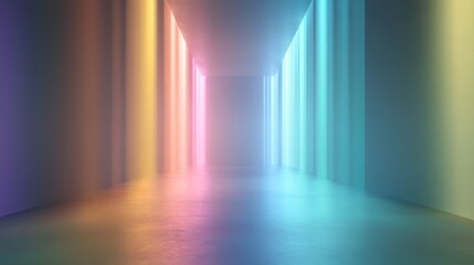 Poster - A long hallway with colorful lights shining down on the floor