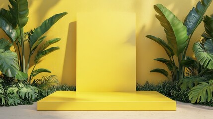 Sticker - Blank yellow display on vivid summer background with minimal style. Blank stand for showing product. 3D rendering.