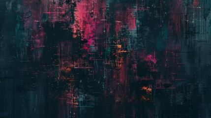 Sticker - A colorful abstract painting of a cityscape with a dark background. The painting is full of bright colors and has a chaotic, urban feel to it