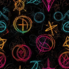 seamless pattern of sigils glowing against a dark background