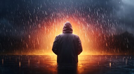 A person standing in a rainstorm, drenched and defeated, symbolizing the impact of negative thoughts.