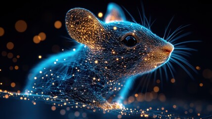 Wall Mural - a glowing, polygonal mouse with glowing lights and a dark background.