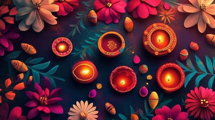 Canvas Print - A colorful display of candles and flowers on a blue background. The candles are arranged in a way that they are all lit up, creating a warm and inviting atmosphere