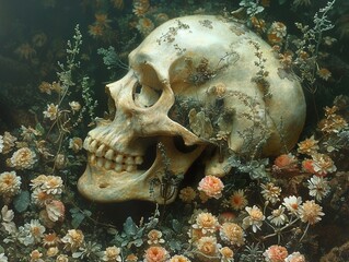 Wall Mural - Skull and Flowers: A Surreal Still Life of Life and Death