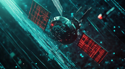A futuristic image of technology, showing digital communication happening through satellite internet.