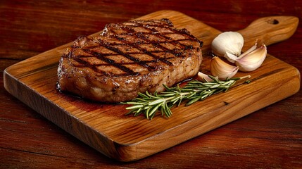 Grilled steak on a cutting board with garlic.