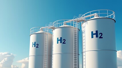 Large storage tanks with H2 and HYDROGEN labels on a blue sky background, representing hydrogen energy storage concept. 3D Rendering