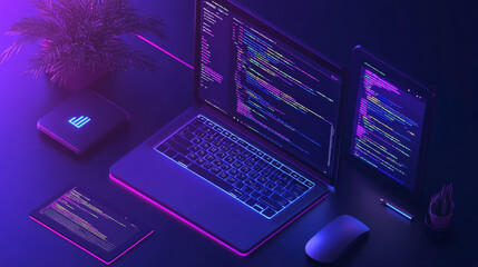 Wall Mural - building software for different devices, like laptops, tablets, and phones. this involves coding and