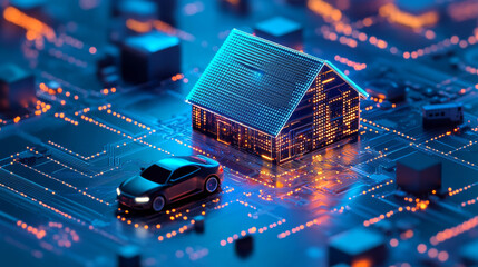 A mobile app keeps your house and car safe.  Information is shared between devices using the cloud.  The picture shows a circuit board.