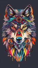 Canvas Print - Flat lay of a wolf head with colorful tribal ornaments.