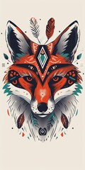 Canvas Print - Fox head adorned with colorful tribal decorations in a flat lay composition.