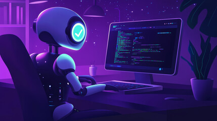 Poster - AI is changing how we build software.  AI-powered coding assistants can help you write code faster and more efficiently. Imagine a robot teacher guiding you through coding on your laptop.