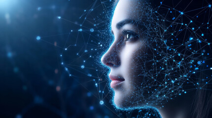 AI analyzes data and solves business problems. It's like a digital brain connected to a network of neurons. This image shows a futuristic face interacting with a computer interface.