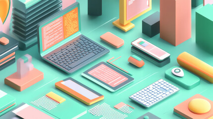 Creating software involves writing code, fixing errors, and making it work smoothly on different devices like laptops, phones, and tablets. This illustration shows the process in a 3D style.
