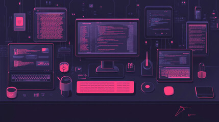 Creating software involves writing code, fixing errors, and making it work smoothly on different devices like laptops, phones, and tablets. This illustration shows the process in a 3D style.