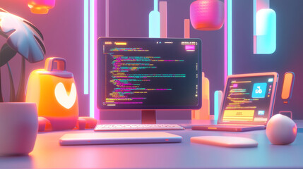 Creating software involves writing code, fixing errors, and making it work smoothly on different devices like laptops, phones, and tablets. This illustration shows the process in a 3D style.