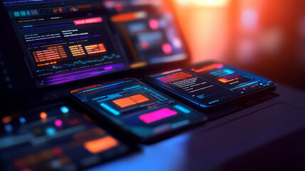 Creating mobile apps and designing websites.  The image shows web design elements on a phone screen and a website template on a laptop.  It's all about computer technology.