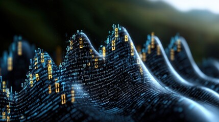 Abstract Digital Data Background with Binary Code Waves and Glowing Lights