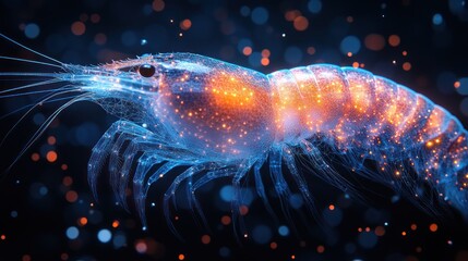 Wall Mural - abstract glowing shrimp with sparkling particles against a dark background.