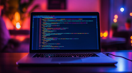 a laptop with its screen open sits on a desk.the screen shows lines of computer code.the background 
