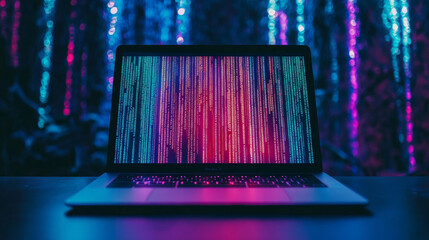Wall Mural - a laptop with its screen open sits on a desk.the screen shows lines of computer code.the background 