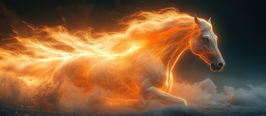 A white horse runs through a cloud of fire with its mane flowing in the wind.