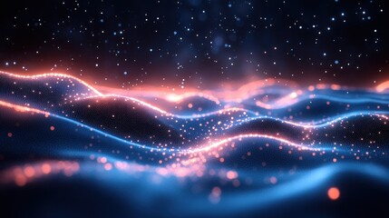 Wall Mural - abstract digital background with glowing blue and orange lines, waves, and particles on a dark backg