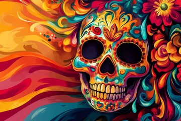 Wall Mural - A vivid and intricate Day of the Dead sugar skull adorned with colorful floral and abstract patterns, celebrating Mexican culture and tradition.