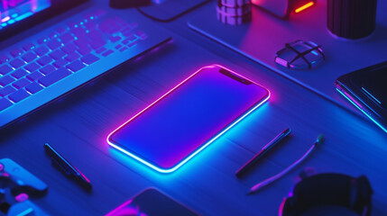 Wall Mural - designing a mobile app. the image shows a phone glowing in neon light with app development tools on 