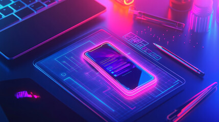 Wall Mural - designing a mobile app. the image shows a phone glowing in neon light with app development tools on 