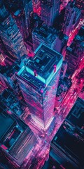 Poster - Aerial shot of a neon-lit skyscraper, exemplifying modern architecture.