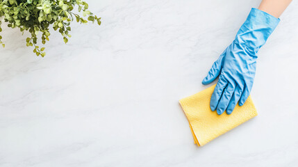 A hand wearing blue glove is cleaning light marble surface with yellow cloth, surrounded by small green plant, creating fresh and tidy atmosphere