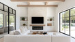 © VERTEX SPACE - Modern living room with cozy atmosphere featuring white sofa, wooden beams, and stone fireplace. space is bright and inviting, perfect for relaxation and gatherings