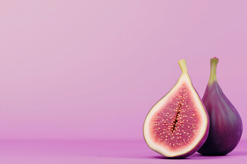 Two ripe figs on bright pink background close up.