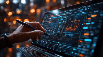 A hand using a stylus to navigate a laptop screen showing a data dashboard, against a blurred background.