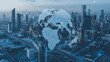 © PixelMocks - Global network and modern city skyline, representing worldwide digital connectivity