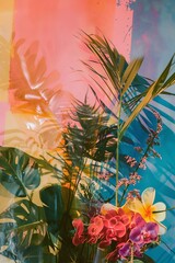 Sticker - A vivid display of tropical plants and flowers set against a colorful abstract background, creating a lively and artistic composition.