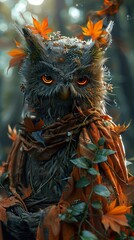 Sticker - Mystical Owl in Autumn Forest: A Digital Art Illustration