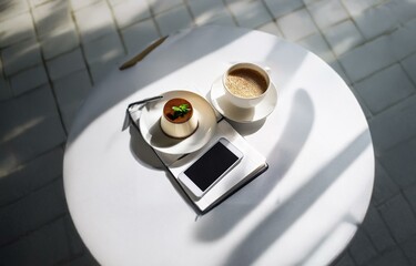 A simple dessert and a cup of coffee on a white table with a notebook and a phone.