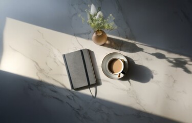 A top-down view of a marble surface with a gray notebook, a cup of coffee, and a small vase of white flowers.