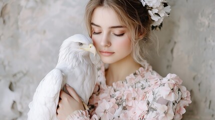 A serene portrait of a young woman with a white owl, showcasing harmony between nature and delicate beauty.