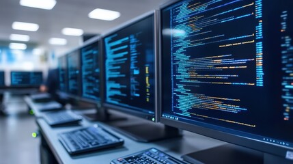 Multiple computer monitors displaying programming code in a tech workspace.