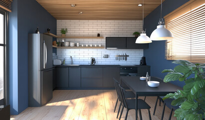 Minimalist kitchen with blue walls, white tiles on the walls and a wooden floor, black hanging lamps above an island with chairs near grey cabinets and a refrigerator.