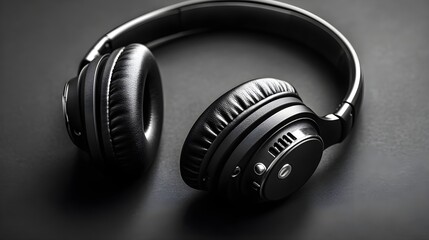 Black stereo Bluetooth headphones resting on a clean surface, crisp lighting, isolated with no background, showcasing ergonomic design and modern technology