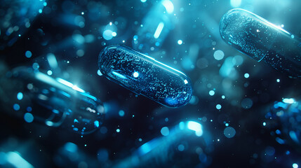 Canvas Print - Close-up of blue capsules floating in a futuristic, glowing environment