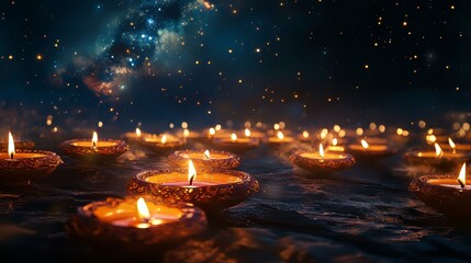 Sticker - Diwali diyas in double exposure with starry sky